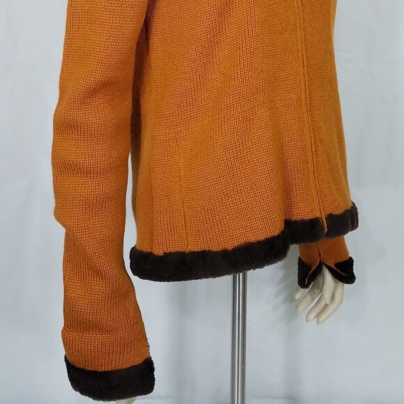 Carlisle burnt orange full zip 100% Merino wool cardigan faux fur trim Small - Picture 5 of 10